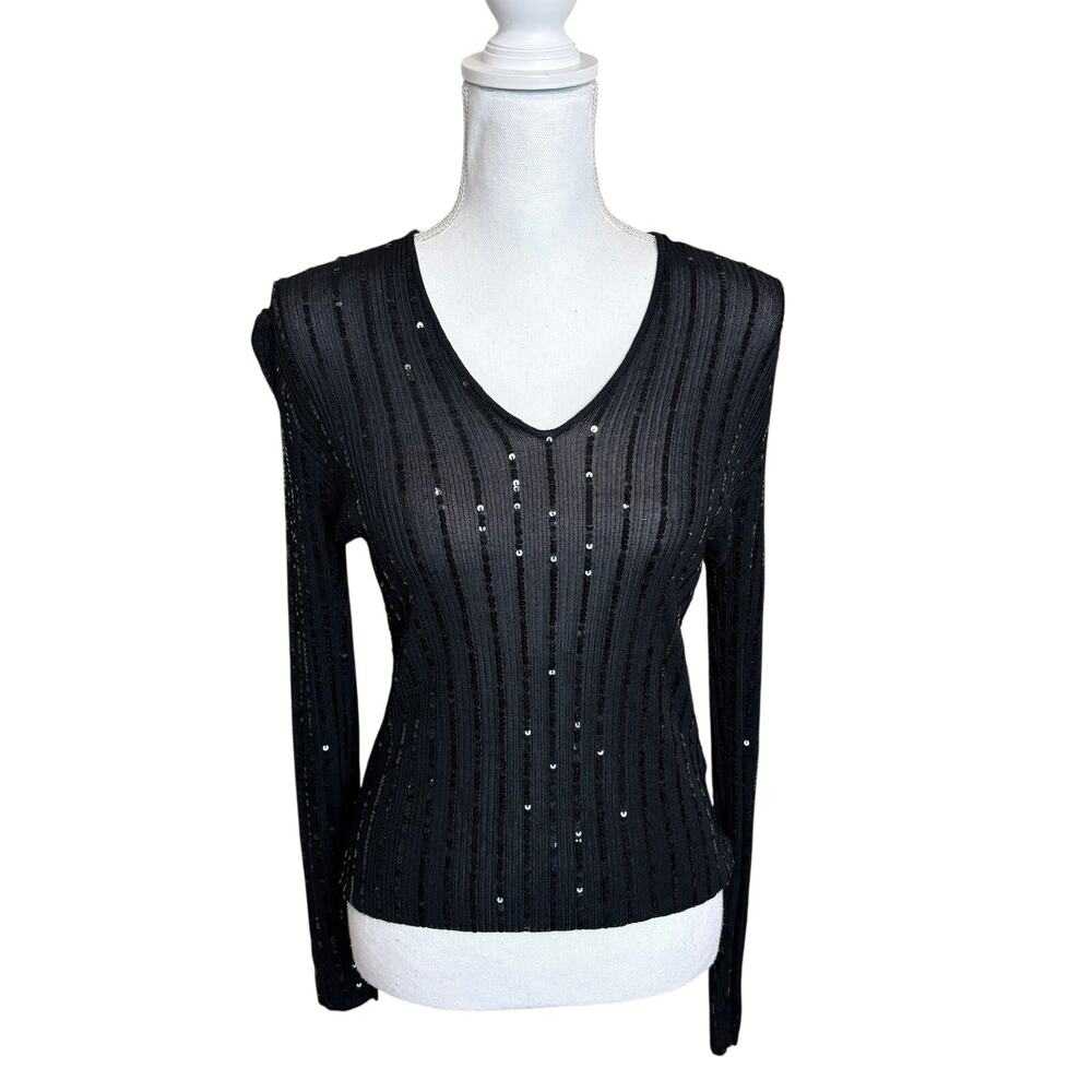 Y2K Black Sequin Sparkle Sheer Fairycore Long Sleeve Top M